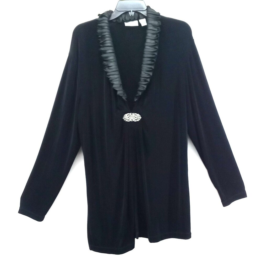 Chicos Cardigan Women Size 3 Black Buckle Clasp Ruffled Collar Long Sleeve Top